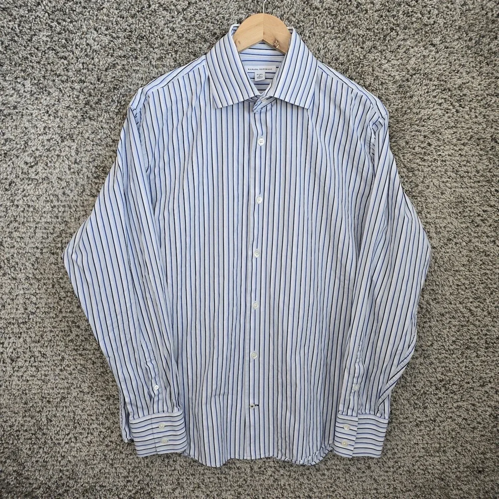 Banana Republic Dress Shirt Mens‎ 16-16.5 Large Blue Striped Button Up Cotton